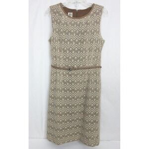 ANNE KLEIN SLEEVELESS SHEATH DRESS Women's 14 Khaki With Crotchet Overlay Belted